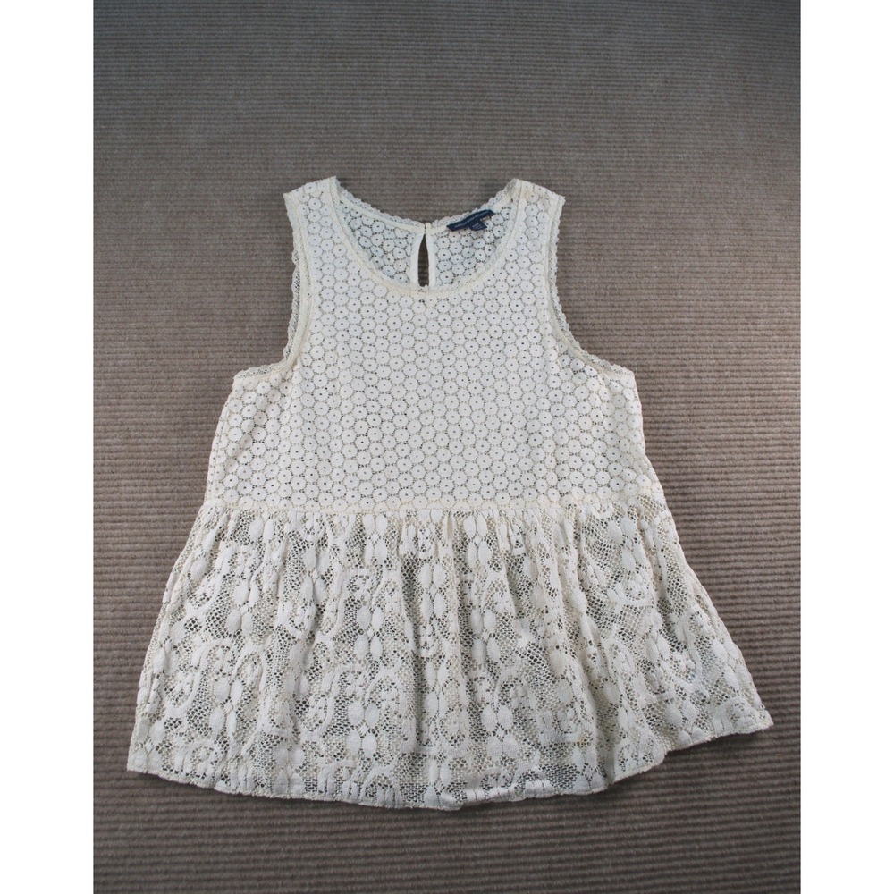 American Eagle Cream Floral Lace Sleeveless Peplum Babydoll Tank Top M